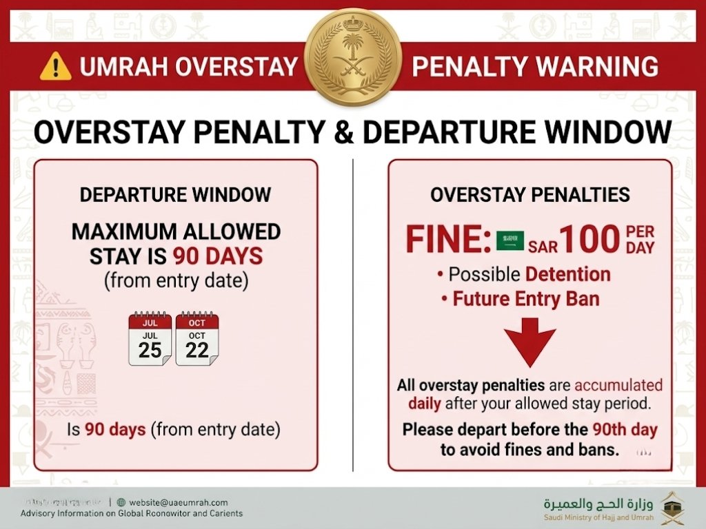 Umrah visa overstay fine SAR 100 per day UAE pilgrims 2026