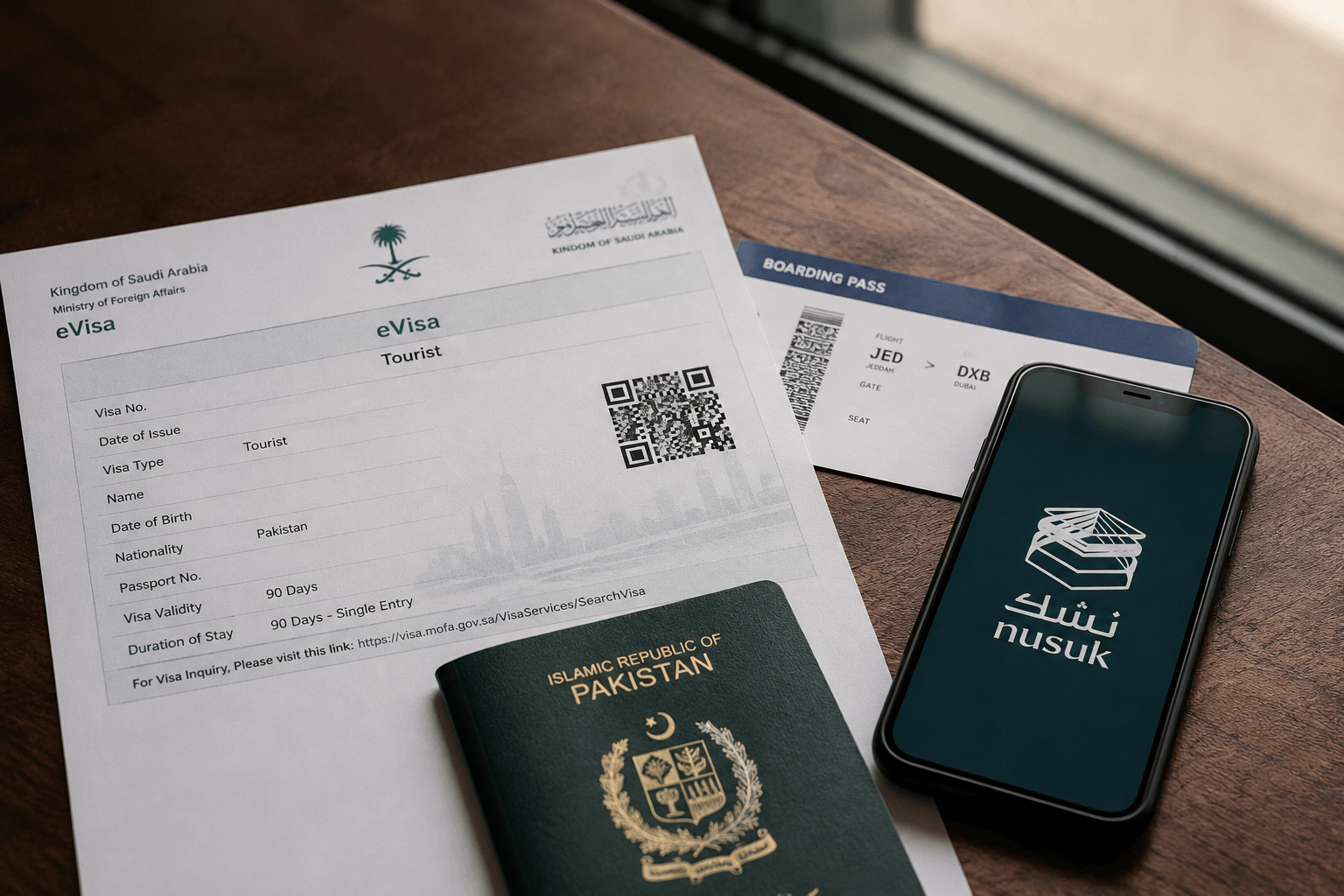 Saudi Arabia tourist visa and passport with Nusuk Umrah app, UAE resident travel documents 2026