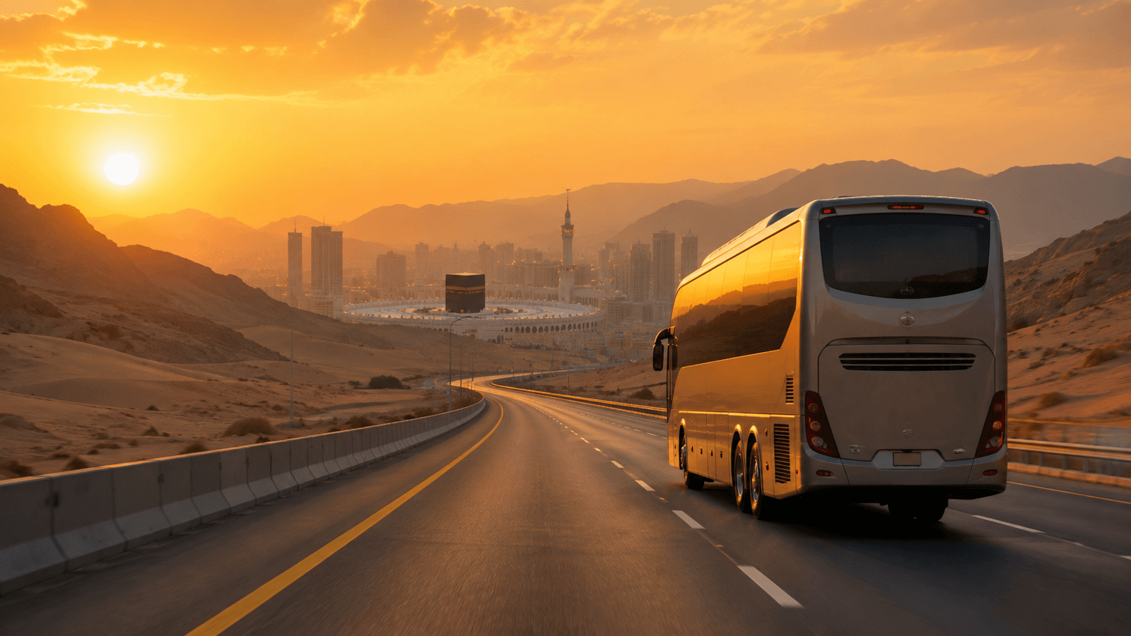 Umrah bus from Dubai to Makkah 2026, luxury coach on desert highway route