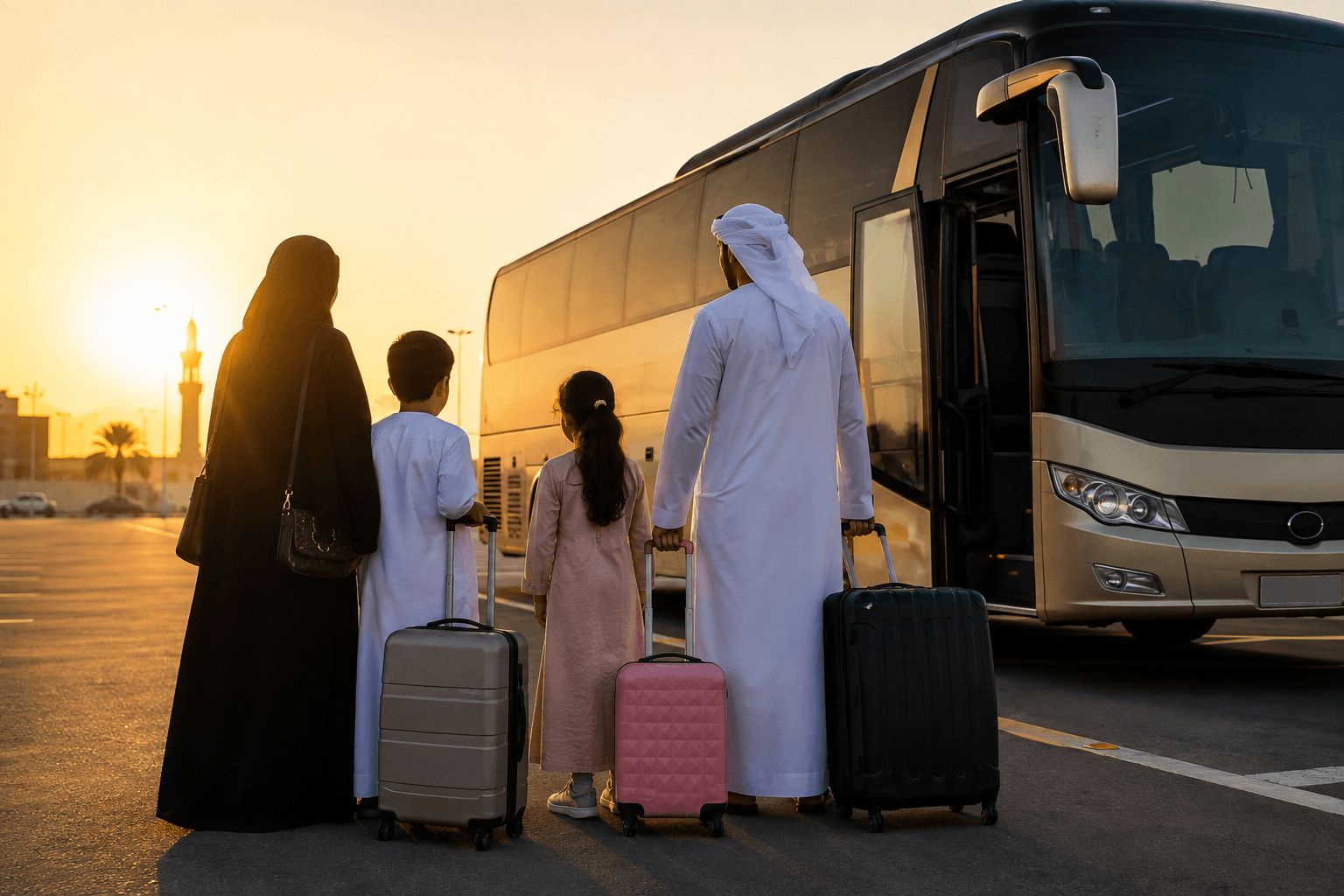 An Arab family in traditional attire with luggage standing outside a luxury bus for an UAE Umrah & Travels family bus package from Dubai, Abu Dhabi, and Sharjah.