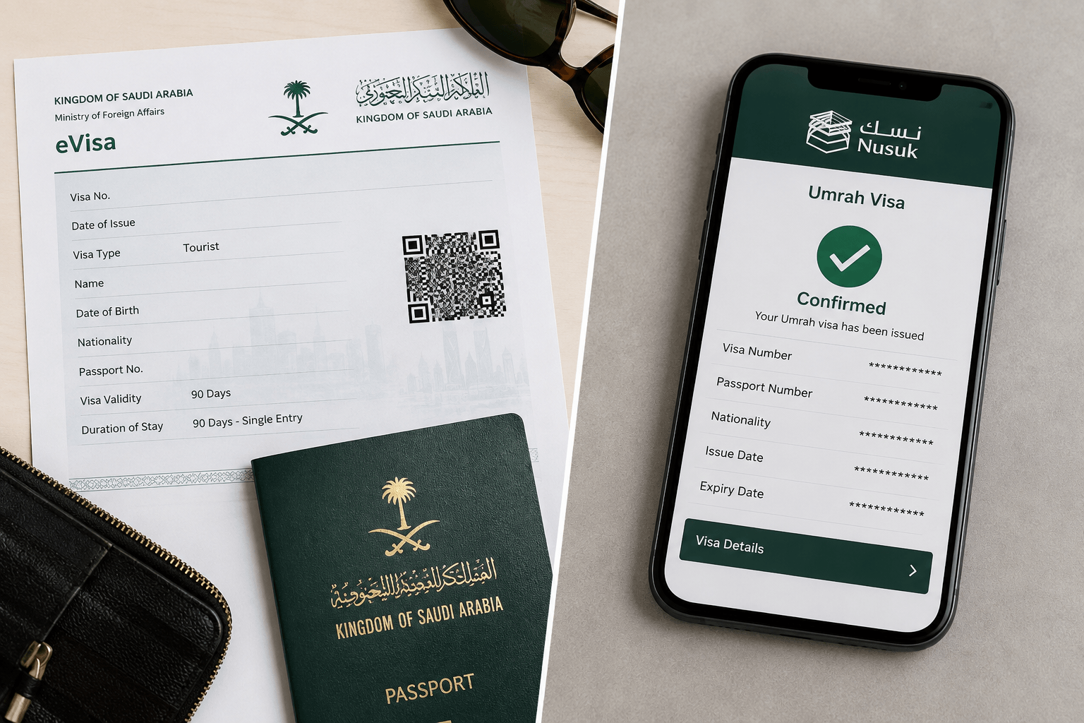 Saudi tourist eVisa document beside Nusuk Umrah visa confirmation on smartphone