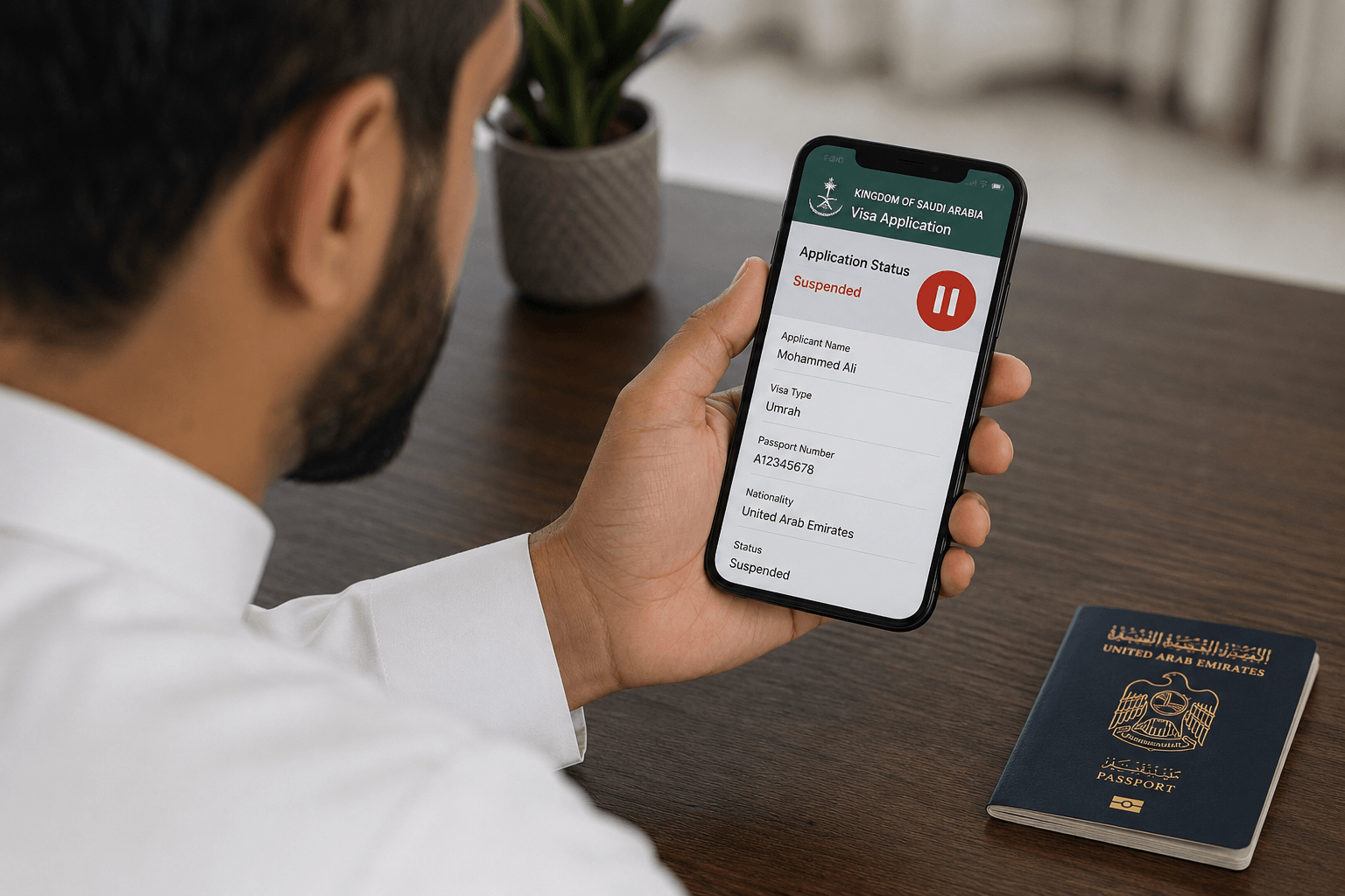 UAE resident checking a suspended Saudi visa application on a smartphone beside a UAE passport