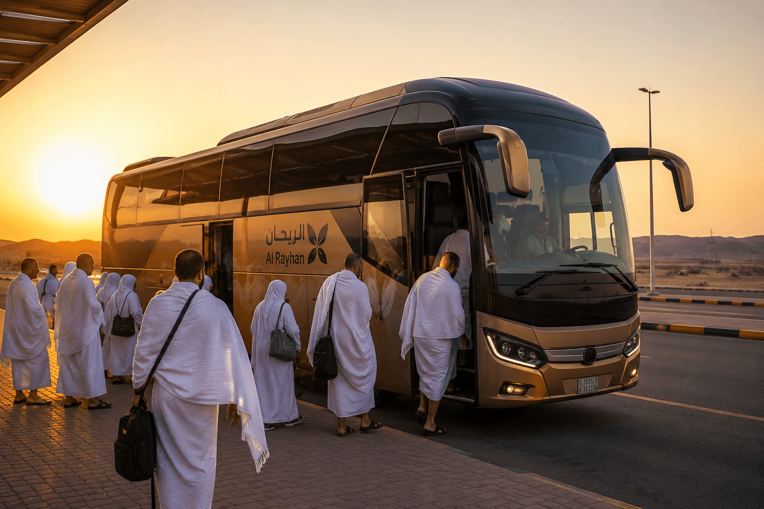Pilgrims in Ihram garments boarding an Al Rayhan luxury coach for the UAE Umrah & Travels luxury bus package from Dubai and Abu Dhabi.