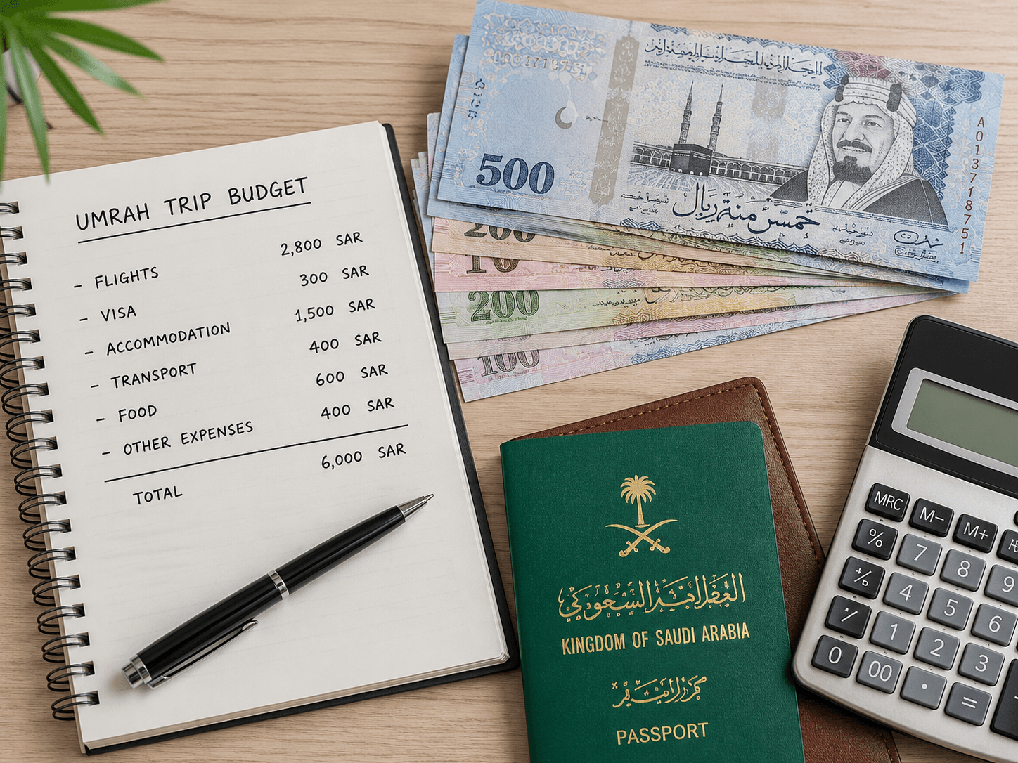 Saudi Riyal banknotes, passport, calculator, and an Umrah trip budget breakdown notepad showcasing estimated travel costs for UAE Umrah & Travels packages.