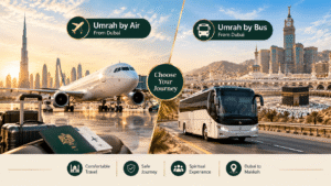 Comparison of Umrah travel by air and by bus from Dubai