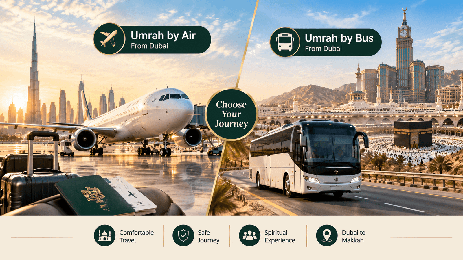 Comparison of Umrah travel by air and by bus from Dubai