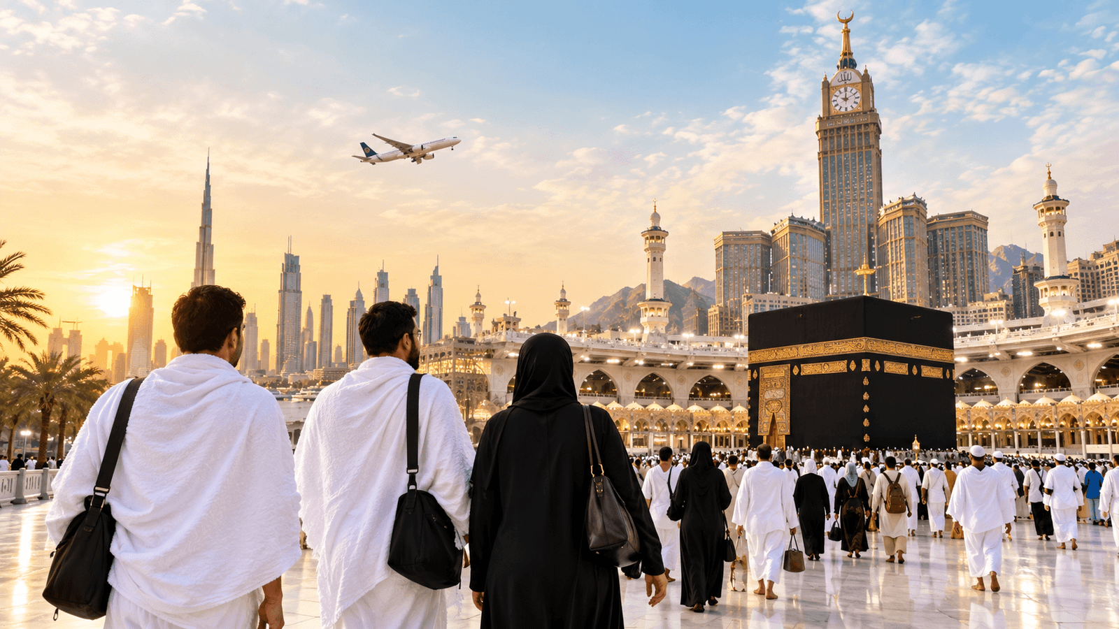 Pilgrims walking toward the Haram in Makkah, representing Umrah packages from Dubai